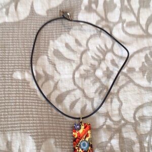 Colorful Glass Pendant Necklace in Red, Blue & Gold